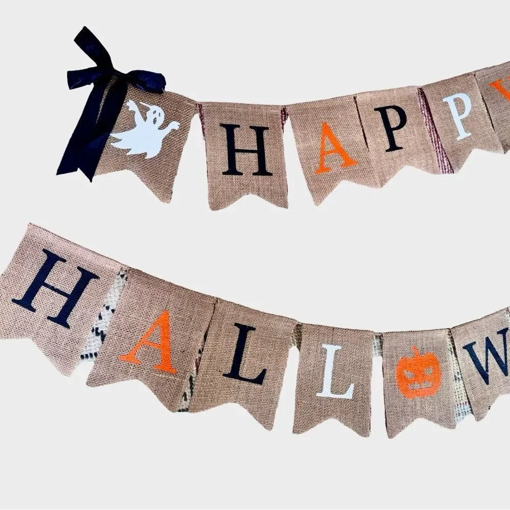 Happy Halloween Burlap Banner Pumpkin Witch Ghost Party Fall Autumn Decoration.